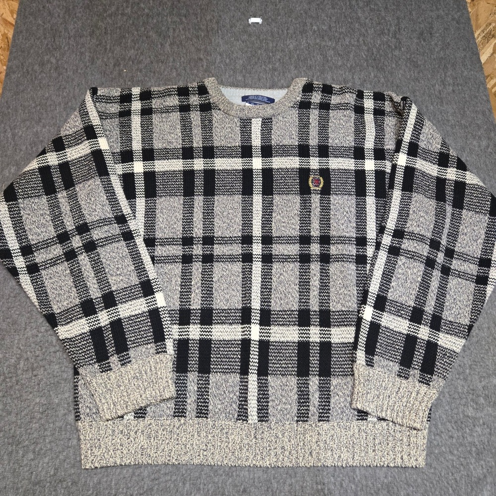Vintage 90s Tommy Hilfiger Sweater Mens XL Grey Plaid Cotton Crewneck Crest Logo